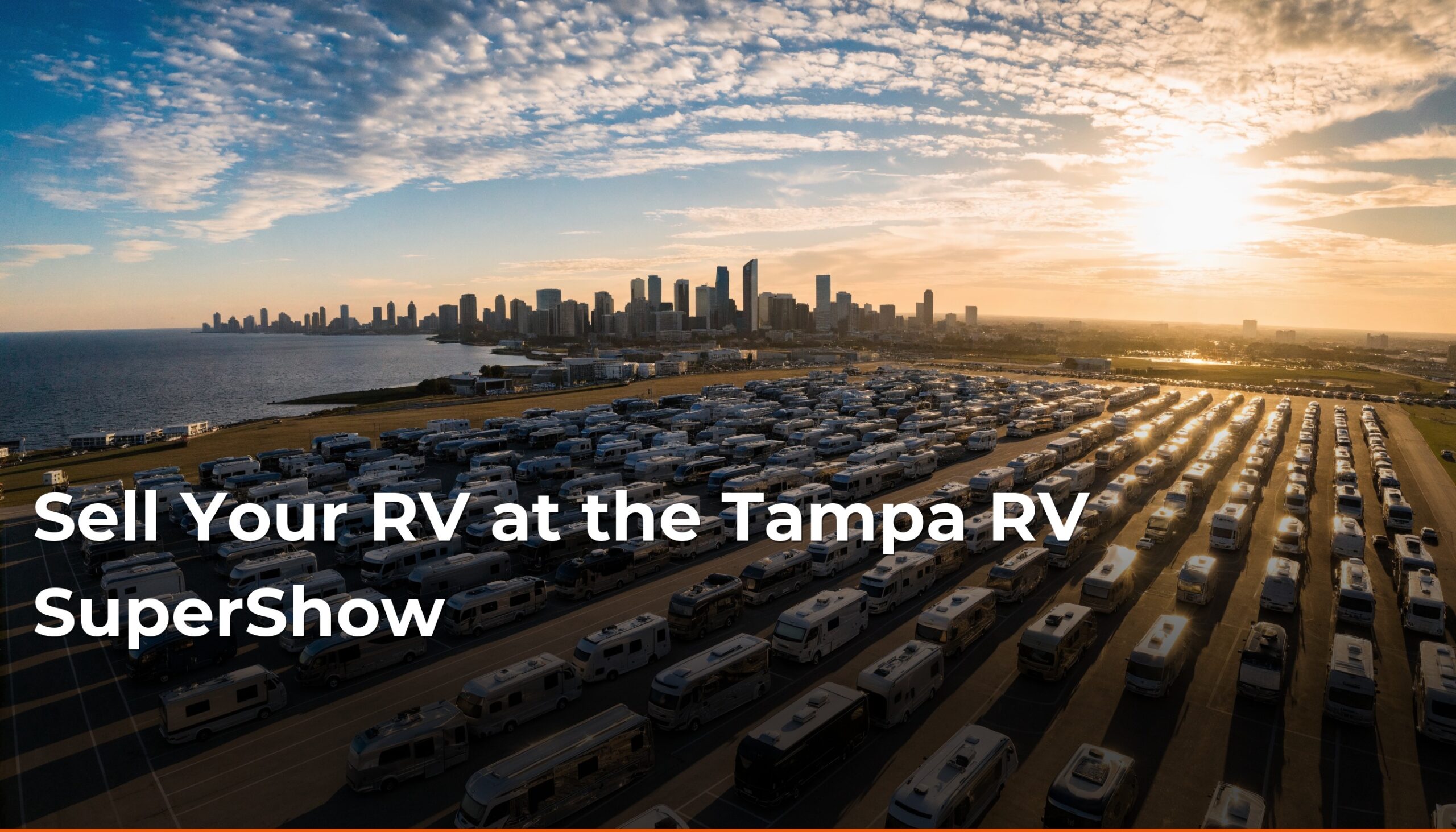 Aerial view of RV exposition grounds beside Tampa Bay at golden hour — Tampa RV SuperShow Florida